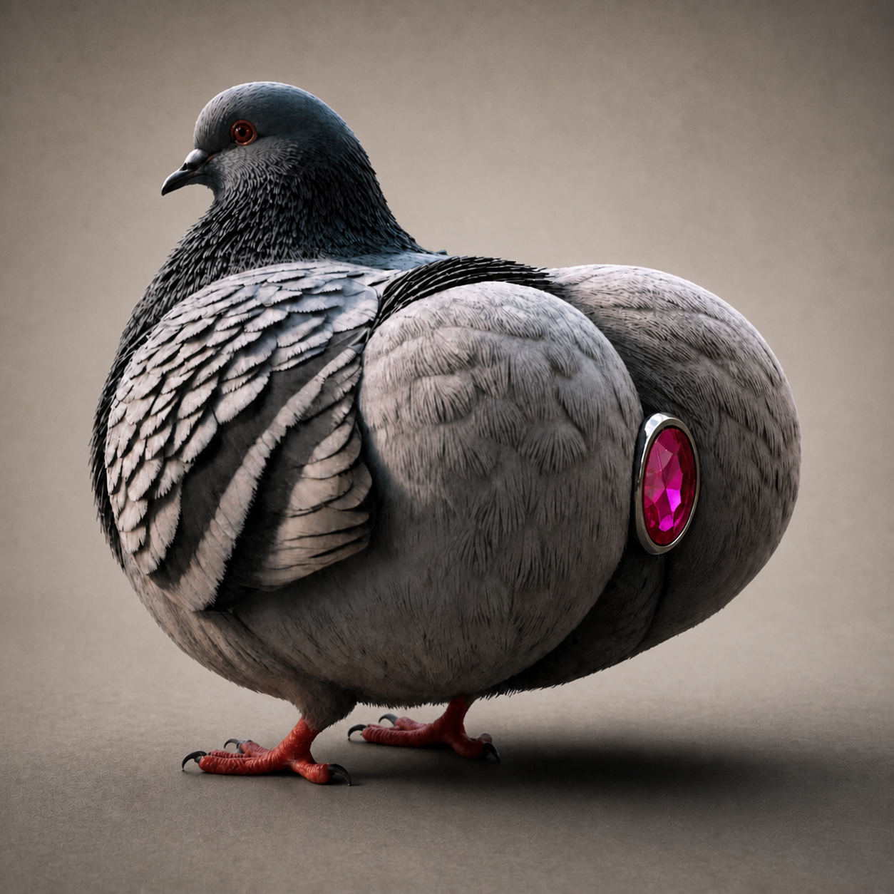 ANALPIGEON, an oversized pigeon with a pink gemstone tail